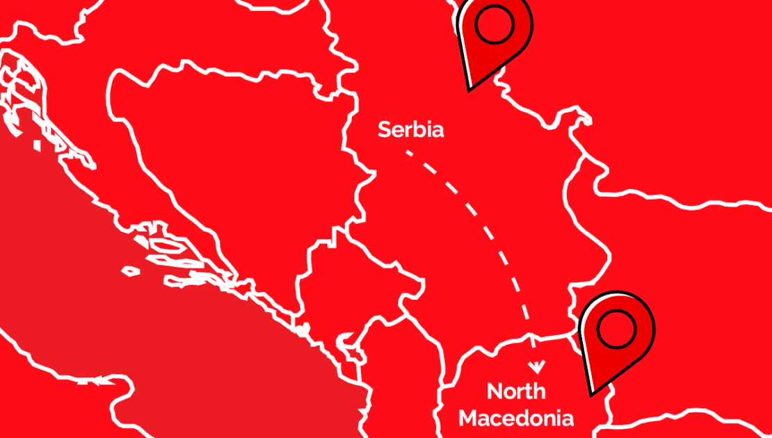 Illustration of a Balkan map highlighting Serbia and North Macedonia, symbolizing Transfera’s regional expansion of e-commerce logistics services.