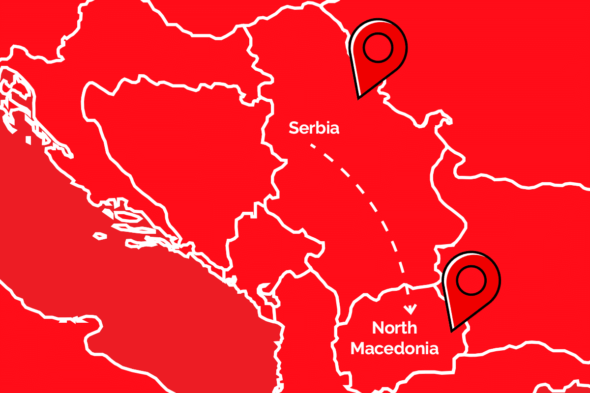 Illustration of a Balkan map highlighting Serbia and North Macedonia, symbolizing Transfera’s regional expansion of e-commerce logistics services.