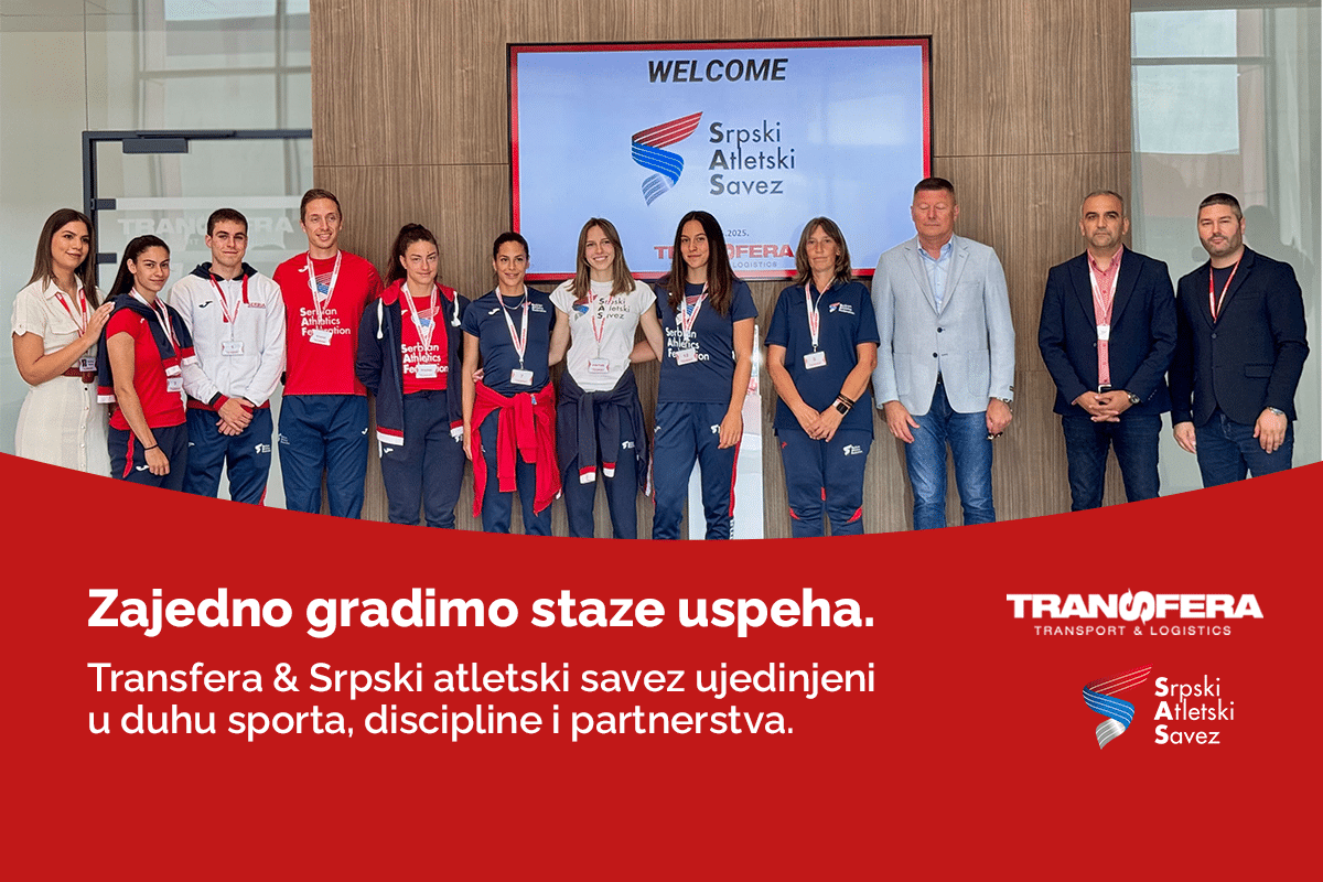 Grupna fotografija atletičara Srpski atletski savez i predstavnika kompanije Transfera tokom zajedničkog događaja posvećenog saradnji, sportu i partnerstvu.