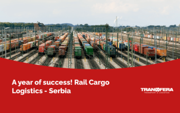Intermodal freight terminal in Serbia with cargo trains and containers, marking the first successful year of Rail Cargo Logistics - Serbia.