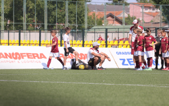 Young football players competing at the Dragan Mance Cup youth tournament, supported by Transfera as an official sponsor and logistics partner.